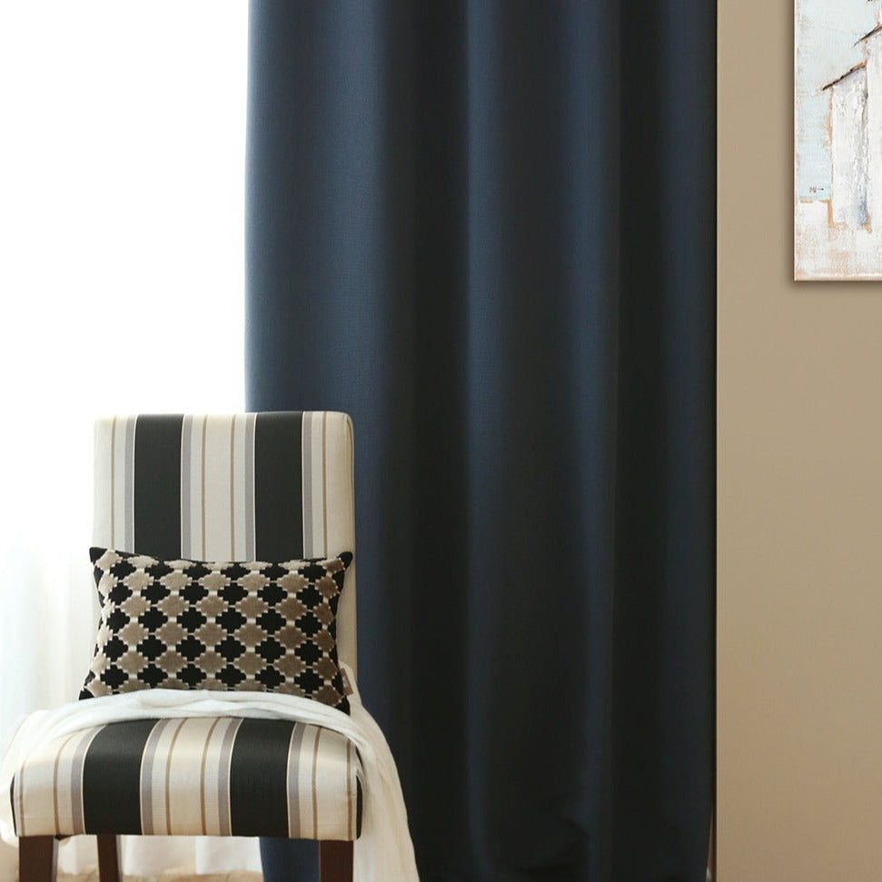 Custom Marine Navy Blue Solid Yarn-dyed Textured Room Darkening Curtains / Drapes | MIFU Decor