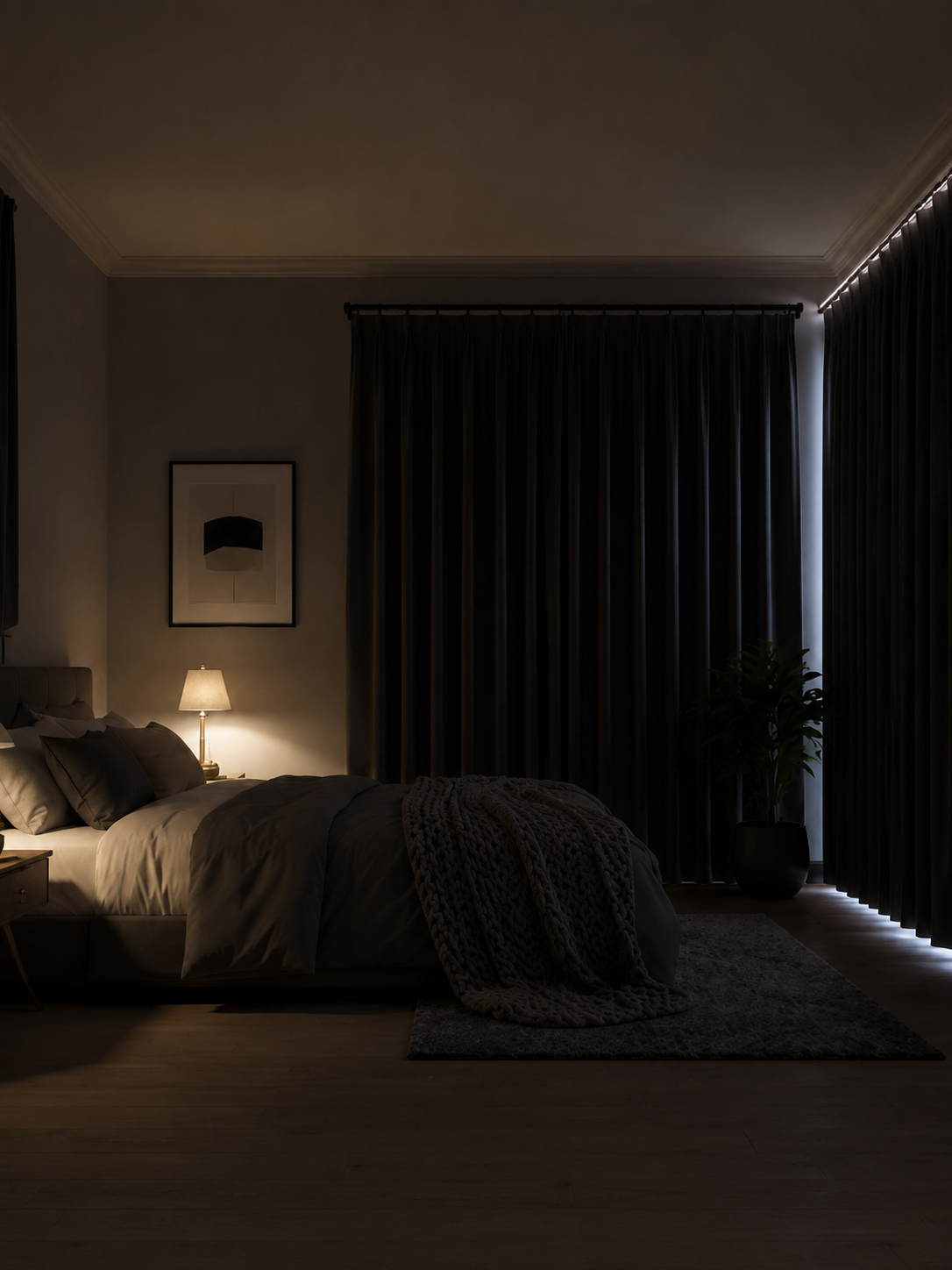 Blackout curtains creating a dark bedroom