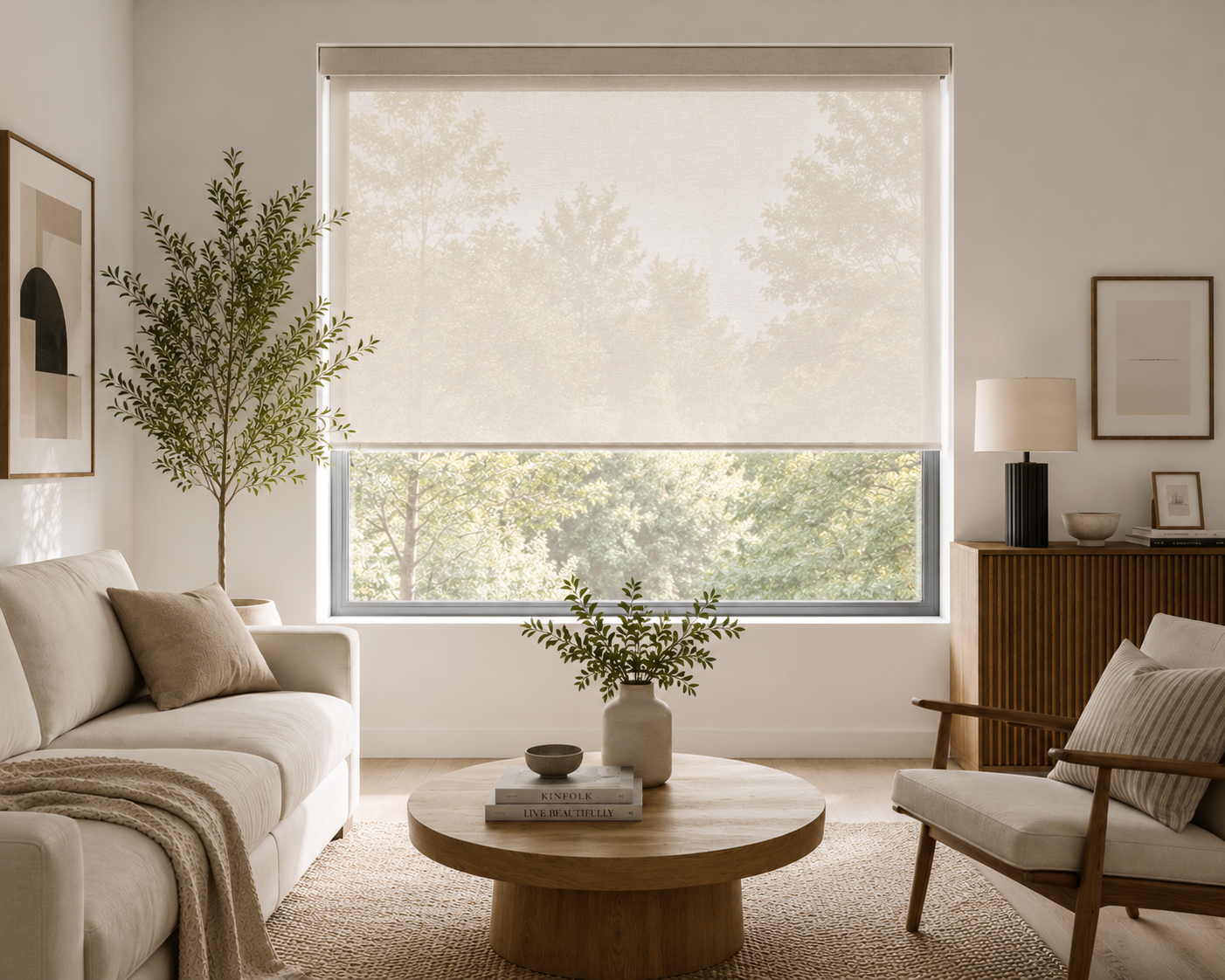 Light-filtering roller shade in a bright living room