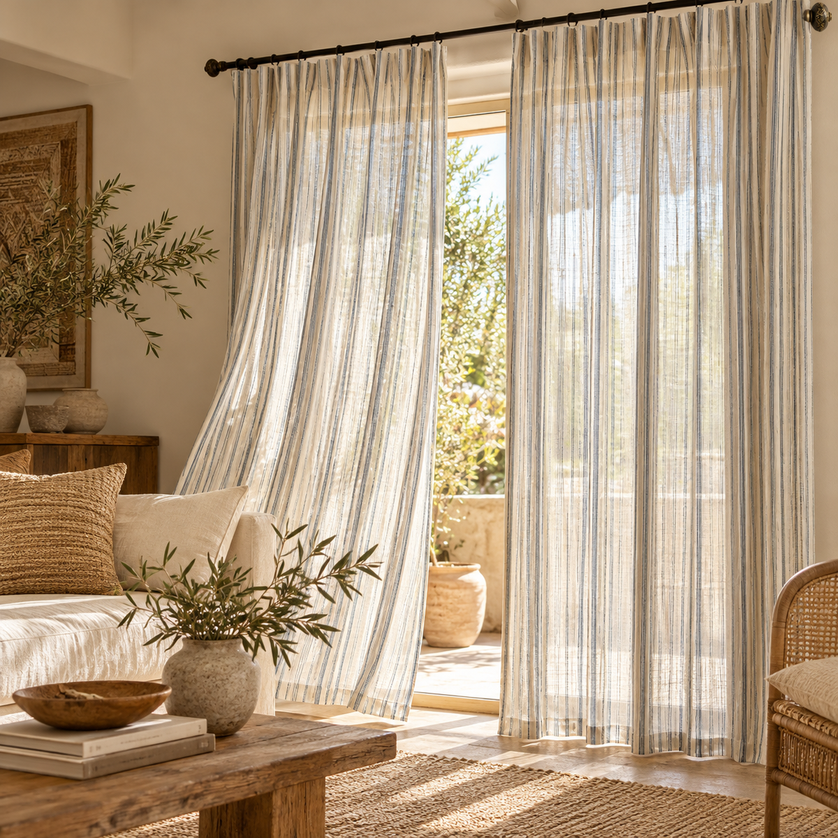 Coastal – Custom Striped 100% French Linen Sheer Curtains & Drapes