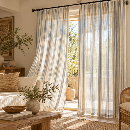 Coastal – Custom Striped 100% French Linen Sheer Curtains & Drapes